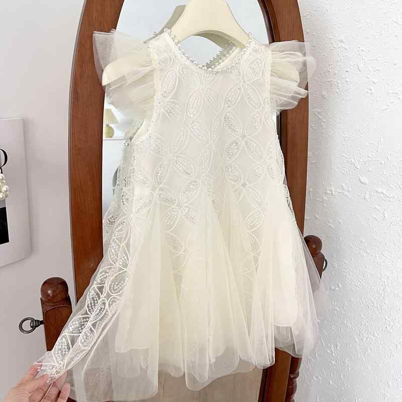 ワンピース キッズ 女の子 ガールズ ノースリーブ プリンセスライン アシンメトリーヘム チュール メッシュ ポリエステル 柔らか素材 夏 韓国風 おしゃれ かわいい 普段使い お出かけ 杏色 幼児 小学生