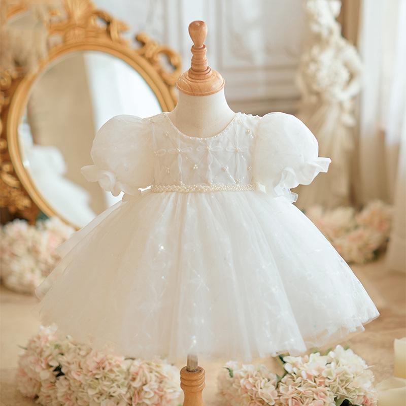 ドレス ワンピース ベビー 女の子 1歳誕生日 お祝い 結婚式 発表会 フラワーガール プリンセス フォーマル 高級感 おしゃれ ポリエステル ホワイト