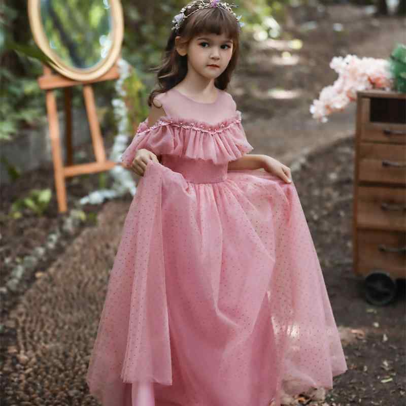 ドレス 女の子 子供 ジュニア プリンセスライン チュール ドット柄 ロング キャミソールワンピース 発表会 結婚式 フォーマル セレモニー パーティー サテン プリーツ ワインレッド ダスティピンク シャンパン