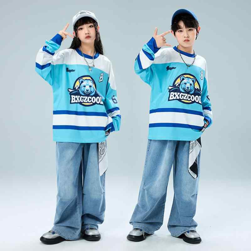 ダンス衣装 キッズ 男の子 女の子 セットアップ Tシャツ デニムパンツ 綿素材 肌触り良い ストリートダンス ヒップホップ ジャズダンス 発表会 レッスン着 ステージ衣装 ゆったり