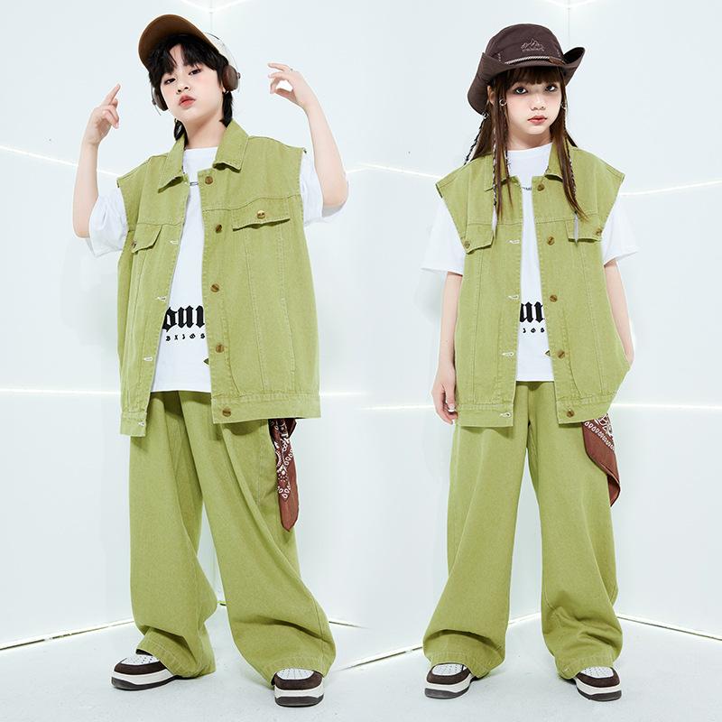 キッズ ダンス衣装 男の子 女の子 ヒップホップ ストリート系 デニム ベスト ジレ セットアップ 発表会 練習着 舞台 綿 コットン 緑色 カジュアル かっこいい