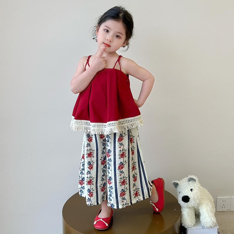 キッズ 女の子 セットアップ キャミソール 花柄パンツ 2点セット レッド 赤 夏 韓国風 おしゃれ かわいい ストリート カジュアル 薄手 涼しい コットン 綿 普段使い お出かけ