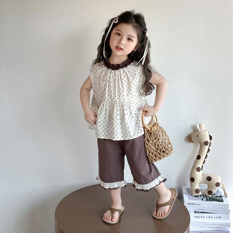 セットアップ 女の子 キッズ ナチュラル カジュアル ノースリーブトップス ショートパンツ 上下セット 薄手 涼しい ソフトタッチ 綿混 普段着 部屋着 春夏 ブラウン
