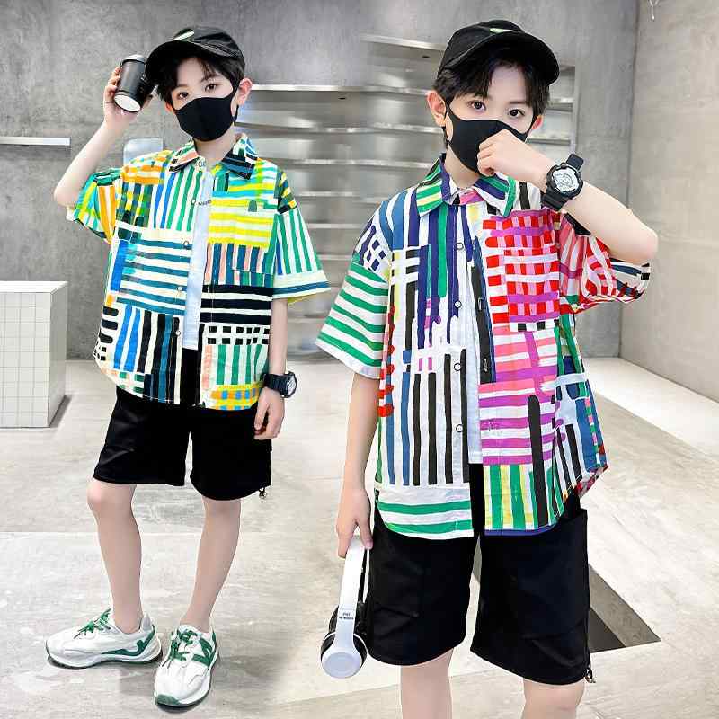 セットアップ キッズ 男の子 半袖 開襟シャツ ストライプ柄 ハーフパンツ 綿 薄手 韓国風 おしゃれ 春夏 ジュニア カジュアル 通学 普段着 ツーピース 肌触りの良い