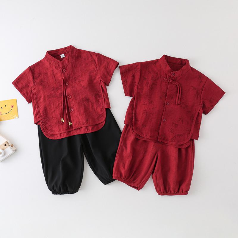 セットアップ 男の子 キッズ 春夏 中国風 漢服 レトロ 民族衣装 半袖 九分丈パンツ 薄手 柔らかな肌触り ポリエステル混紡 普段着 お祭り イベント 黒 赤