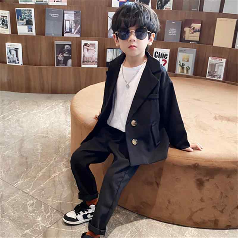 スーツ 男の子 子供 キッズ 春秋 韓国風 レトロ カジュアル フォーマル セレモニー セットアップ 無地 シングルブレスト ブラック ブルー ポリエステル混紡 ソフト素材