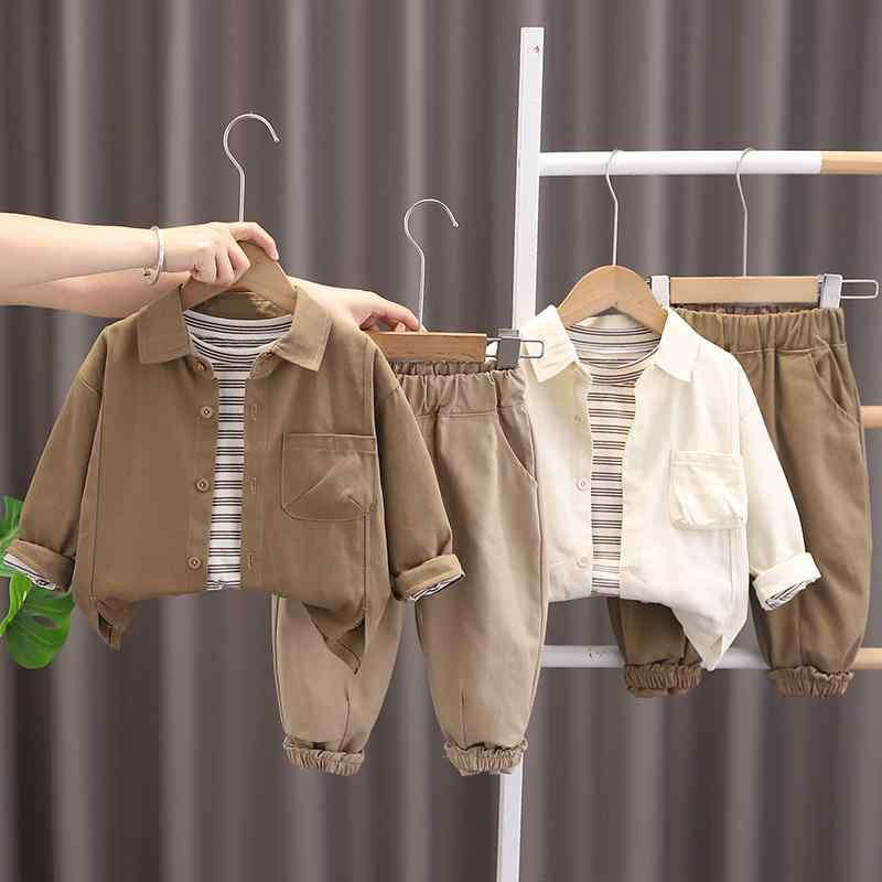 キッズ 男の子 ベビー服 綿素材 柔らか加工 シャツ 長袖 3点セット セットアップ ロングパンツ ストライプ 無地 春秋 普段使い カジュアル 韓国風 おしゃれ 子供服 アイボリー ブラウン 前開き