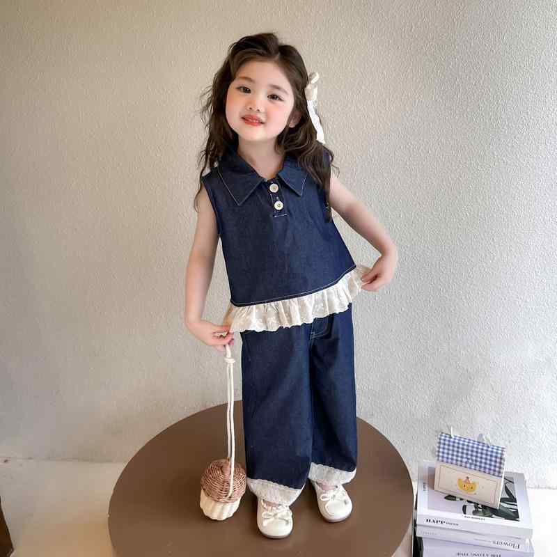 キッズ 女の子 デニム セットアップ ノースリーブ フリル 夏物 韓国ファッション トップス パンツ 上下セット おしゃれ かわいい 綿混 薄手 ブルー