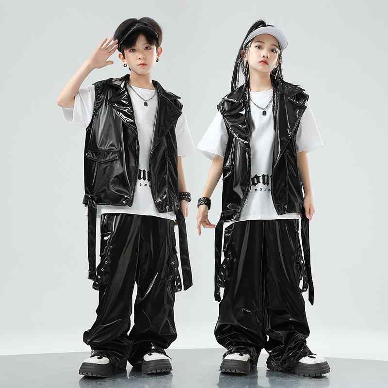 ダンス衣装 キッズ 子供 男の子 女の子 ヒップホップ ジャズ ストリート ステージ 発表会 演出 セットアップ レザーベスト ジレ レザーパンツ ロング クール