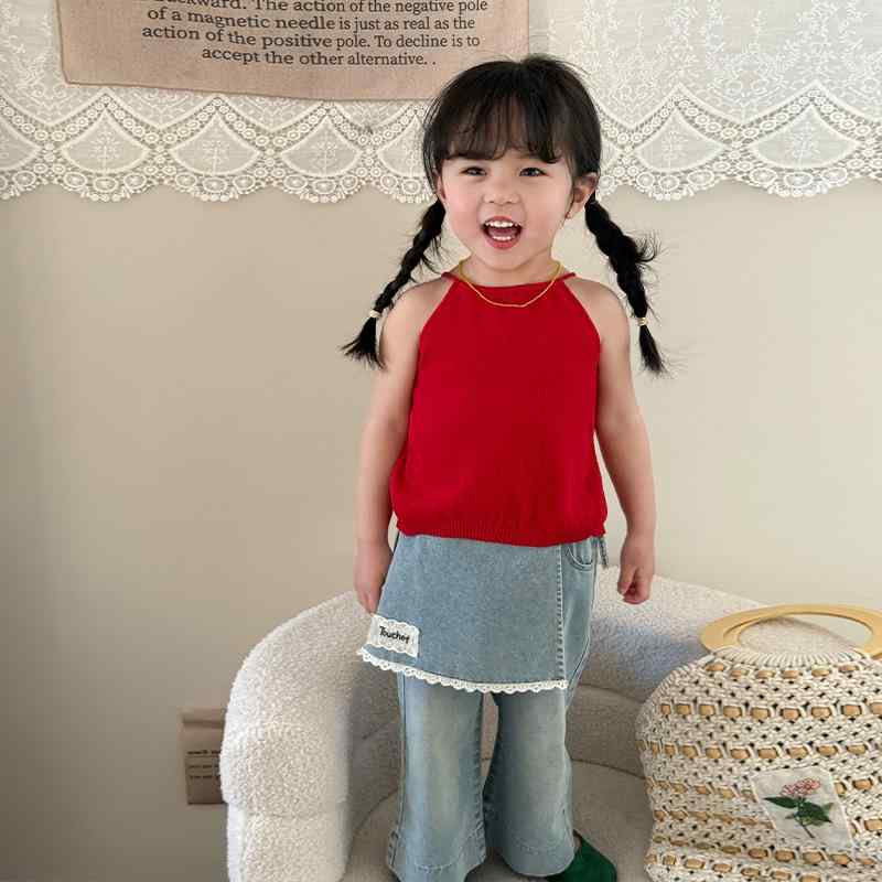 セットアップ 女の子 ベビー 韓国風 夏服 綿素材 背中開き 背中見せ タンクトップ 上下セット スカート付き デニム ロングパンツ 薄手 普段使い カジュアル お出かけ かわいい おしゃれ