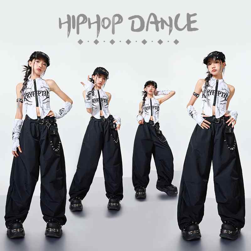キッズ ダンス 衣装 女の子 ガールズ ジュニア ジャズ ストリート ヒップホップ クロップド丈 トップス 長ズボン セットアップ 発表会 ステージ レッスン パフォーマンス ウェア おしゃれ トレンド クール コットン 綿