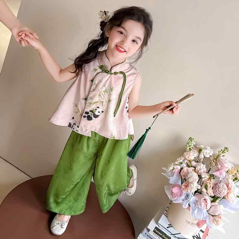 キッズ 女の子 中国風 漢服 ネオチャイニーズ 春夏 セットアップ ツーピース ノースリーブ ベスト ワイドパンツ ガウチョパンツ パンダ柄 綿 コットン 薄手 涼しい 快適 ソフトタッチ 普段着 お出かけ 2点セット