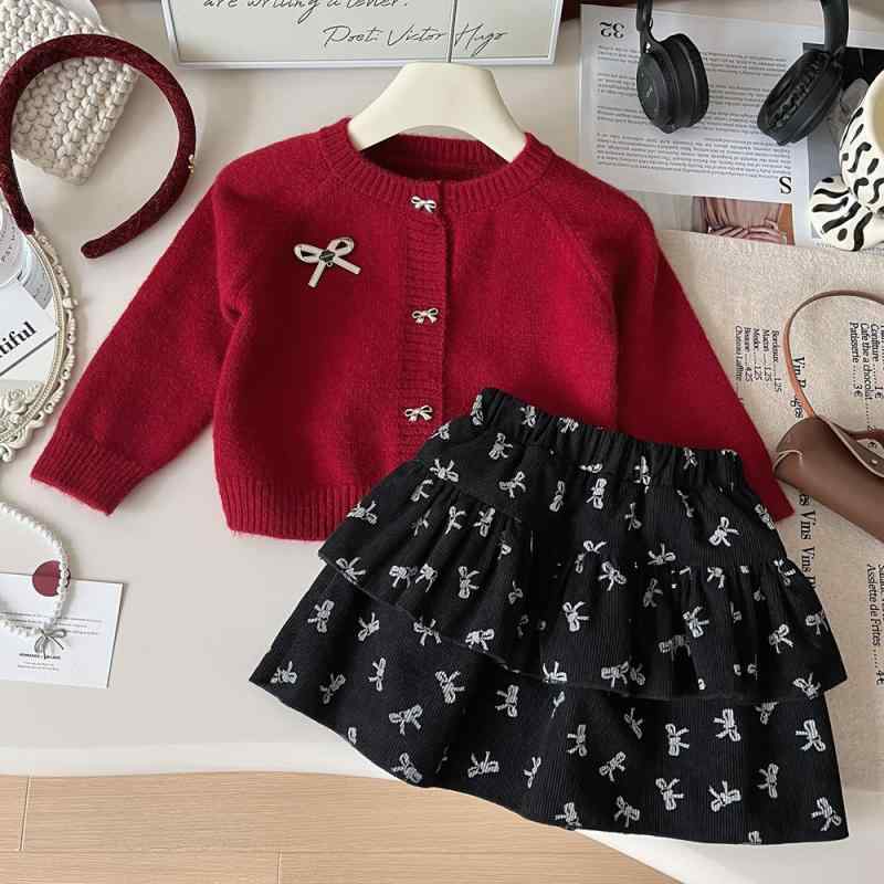 セットアップ キッズ 女の子 子供服 ニット カーディガン リボン ミニスカート 2点セット ツーピース 秋 かわいい おしゃれ 韓国風 普段使い お出かけ 柔らかい肌触り