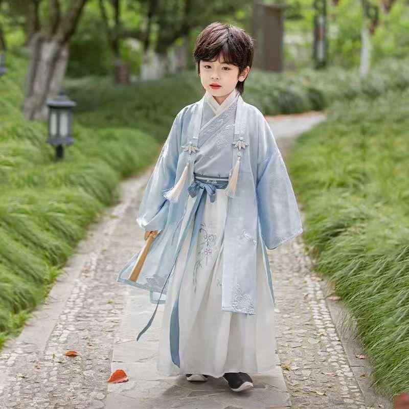 漢服 男の子 キッズ 中国風 古風 宋制 唐装 民族衣装 セットアップ 小中学生向け ステージ衣装 舞台 発表会 演劇 コスプレ ポリエステル ソフトな肌触り