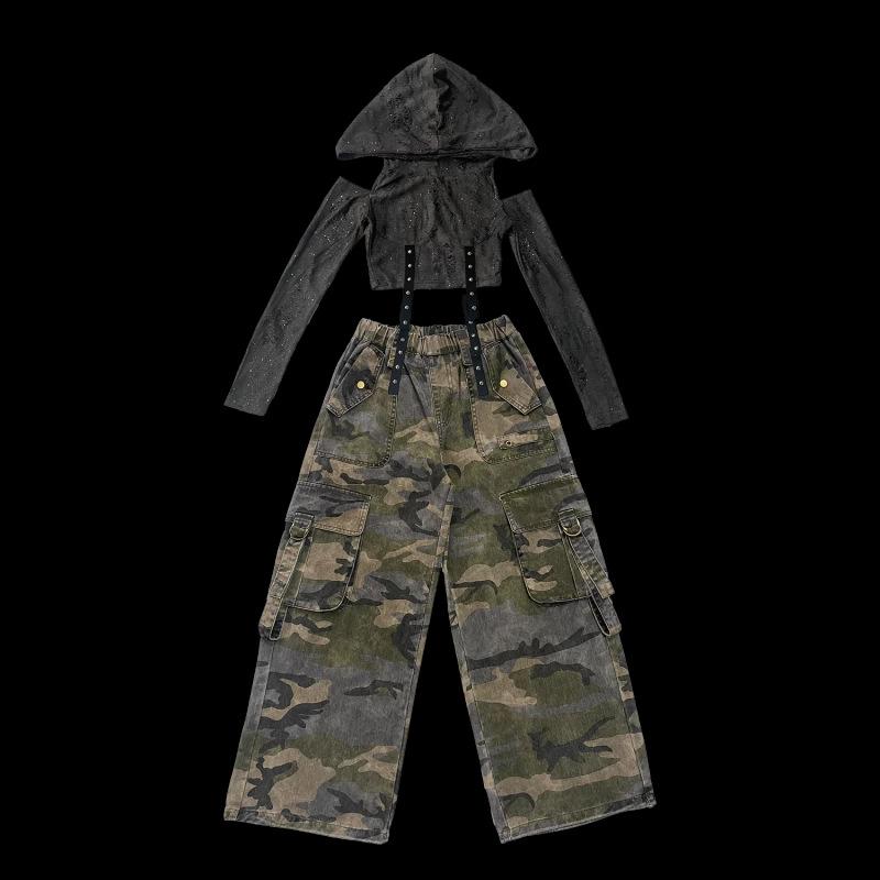 キッズ ガールズ ジャズダンス ヒップホップ ストリートダンス 演出服 廃墟風 デザートスタイル クール 衣装 セットアップ ジュニア 発表会 ステージ パフォーマンスウェア ポリエステル