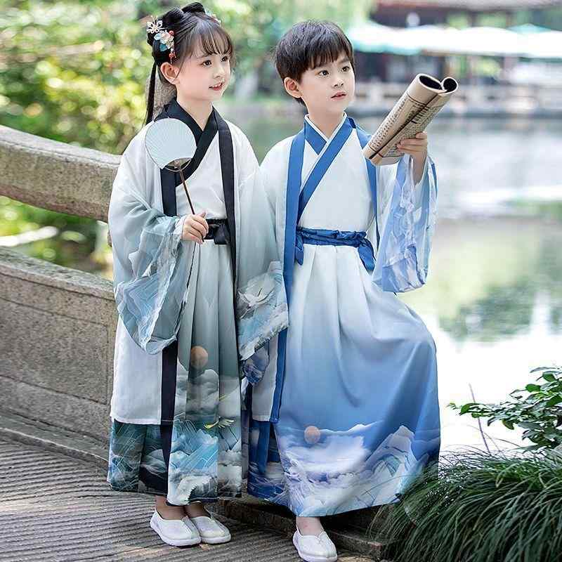 漢服 キッズ 男の子 女の子 子供 小中学生 男女兼用 中国伝統衣装 セットアップ 発表会 舞台 イベント コスチューム 中華風 古代衣装 柔らか綿素材 優雅なストライプ柄プリント羽織りアンサンブル