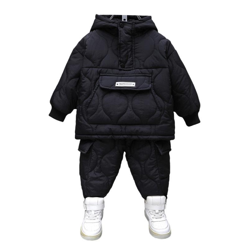 セットアップ キッズ 男の子 子供服 冬服 カジュアル 中綿入り 厚手 裏起毛 フード付き 長袖 長ズボン 上下セット ポリエステル 保温 防寒 暖かい 普段使い 通学 お出かけ カーキ ブラック 無地 4,751円