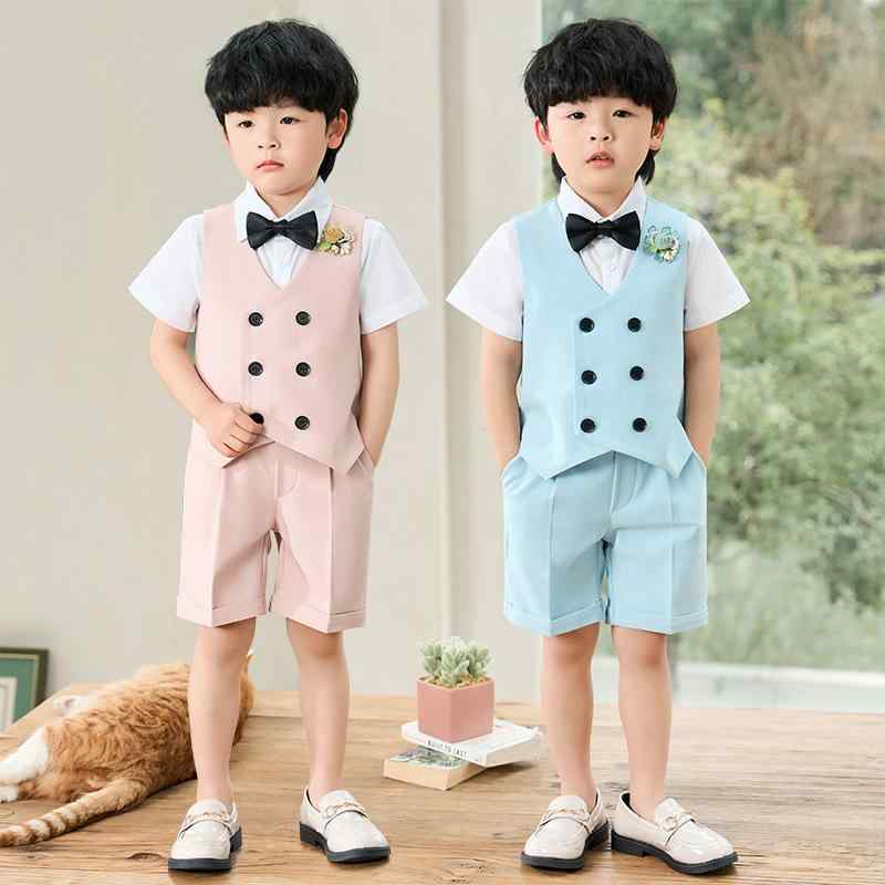 スーツ キッズ 男の子 セットアップ 春夏 ベスト 半袖シャツ 短パン ダブルブレスト 結婚式 発表会 セレモニー 記念撮影 リングボーイ ポリエステル ソフトタッチ ライトブルー ピンク 英国風