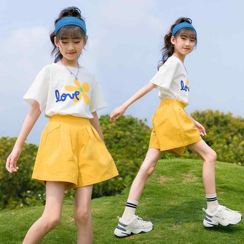 セットアップ キッズ 女の子 ジュニア 上下セット 夏 薄手 おしゃれ カジュアル 花柄 半袖トップス Tシャツ 短パン 綿素材 普段使い お出かけ 涼しい 快適 2点セット イエロー オレンジ