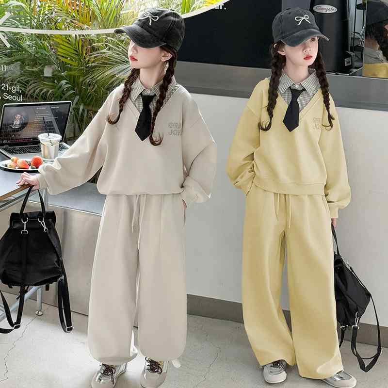 子供服 女の子 中大児 ジュニア 長袖 ロングパンツ 綿混 スウェット トレーナー スポーツ セットアップ ツーピース 無地 柔らかな肌触り 普段使い カジュアル 韓国風 春秋