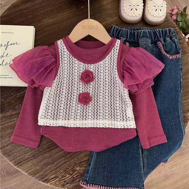 キッズ 女の子 セットアップ かわいい 花柄 ベスト 長袖トップス デニムパンツ スリーピース 春秋 普段着 カジュアル おしゃれ 韓国ファッション ポリエステル混紡 パープル系