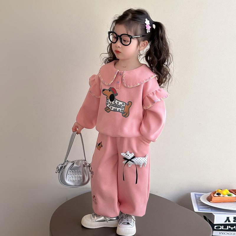 スウェット セットアップ 女の子 ガールズ 子犬柄 プリント フリル襟 長袖 プルオーバー 長ズボン かわいい キュート ピンク 綿混 春秋 カジュアル 普段着