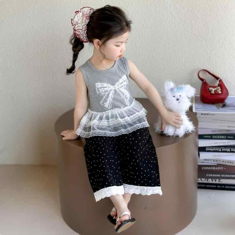 セットアップ 女の子 ベビー 女児 キッズ リボン フリル レース ワイドパンツ 2点セット 夏 韓国風 おしゃれ かわいい 薄手 涼しい 綿 ポリエステル お出かけ 普段使い