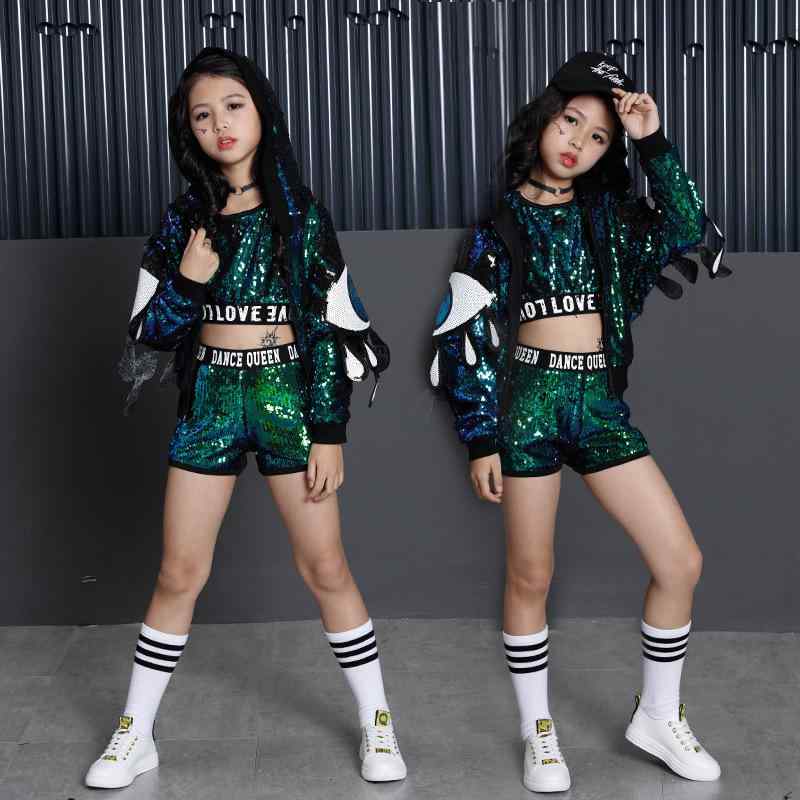 ダンス衣装 キッズ 女の子 ジャズダンス ストリートダンス ヒップホップ K-POP風 スパンコール オーロラカラー セットアップ グリーン 二点セット 発表会 イベント 舞台 練習着 ストレッチ素材
