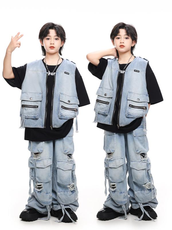 キッズ 社交ダンス御召しもの 御坊っちゃん うしろ帯 ストリートヒップホップ 告げ知らせる会 御召しもの 動作御召しもの ゆったり ルーズフィット 衣嚢 ジーンズズボン下 デニム セットアップ 春夏