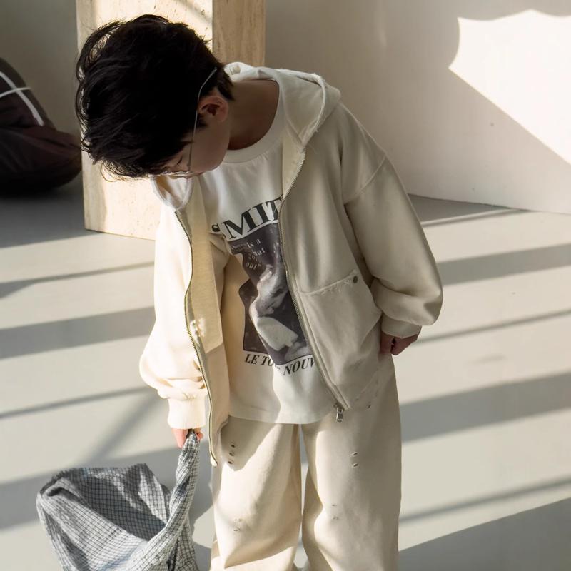子供服 キッズ 男の子 セットアップ 韓国風 カジュアル おしゃれ フード付き フルジップパーカー スウェットパンツ 2点セット 春秋 綿 起毛 やわらか 普段使い