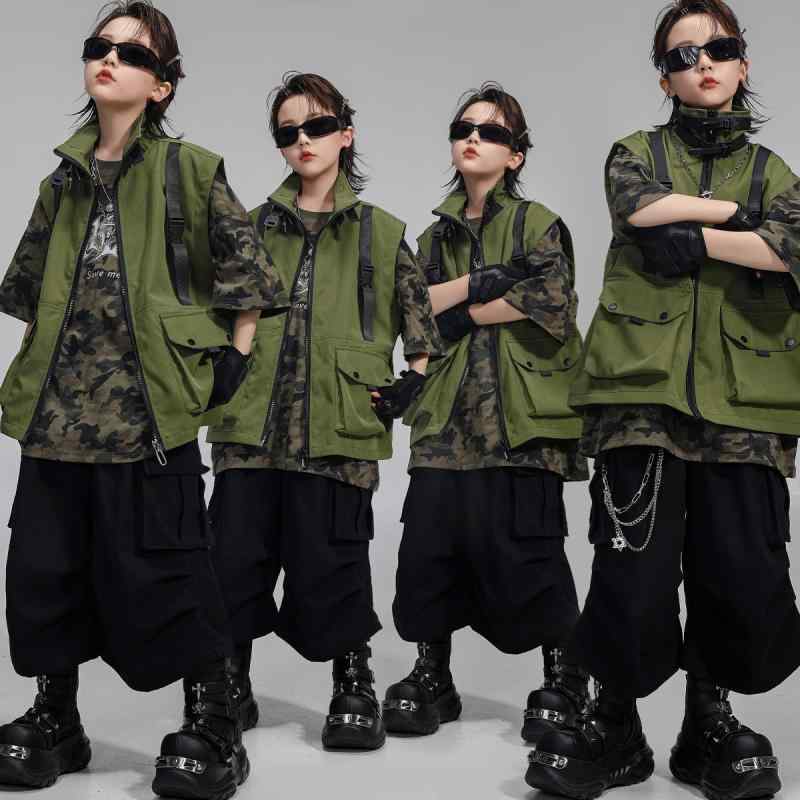 ダンスウェア キッズ 男の子 女の子 ヒップホップ セットアップ ストリートダンス 迷彩 ベスト クール かっこいい ステージ衣装 発表会衣装 スパンデックス ストレッチ