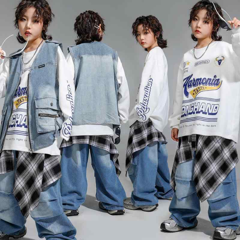 キッズ 男の子 女の子 男女兼用 ヒップホップ ストリートダンス 発表会 舞台 イベント 衣装 レトロ デニム ベスト パンツ セットアップ ダンスウェア スポーティ クール|way-ugo