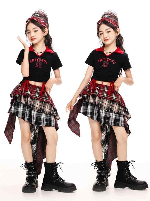キッズ 女の子 ジャズダンス 発表会 ステージ 衣装 韓国風 へそ出し ショート丈 クロップド丈 トップス チェック柄 キュロットスカート セットアップ 春夏 かわいい 普段使い