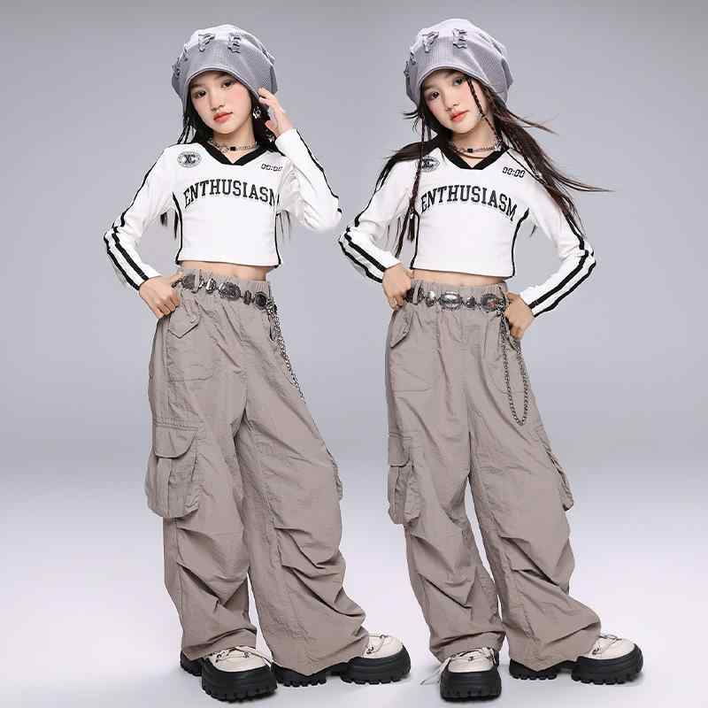 ダンスウェア 女の子 キッズ ジャズダンス ストリートダンス ヒップホップ 衣装 セットアップ クロップトップ 長袖 韓国風 グレー カーゴパンツ ロングパンツ ポリエステル 秋冬 発表会 レッスン着 トレンド