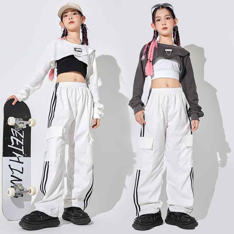キッズ 女の子 セットアップ ダンスウェア ジャズ ストリート ヒップホップ 発表会 舞台衣装 クロップド丈トップス ロングパンツ 3点セット スポーティ カジュアル 甘辛ミックス