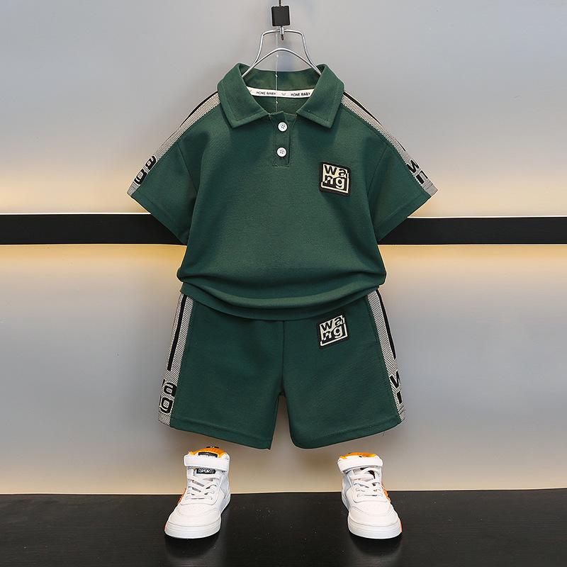 セットアップ 男の子 キッズ 半袖 ポロシャツ ショートパンツ 韓国風 韓流 カジュアル おしゃれ かっこいい 春夏 薄手 スポーツウェア 普段使い お出かけ 綿混 ソフト加工 プルオーバー ツーピース ブラック ダークグリーン