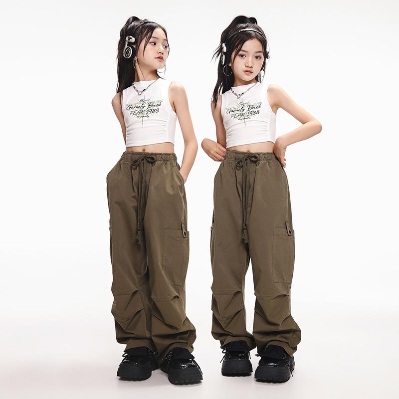 キッズ 女の子 ダンス衣装 ジャズ ストリート ヒップホップ 韓国風 KPOP風 へそ出し クロップド丈 ベスト ロングパンツ セットアップ 発表会 ステージ 練習着 レッスン着 コットン ポリエステル 夏用