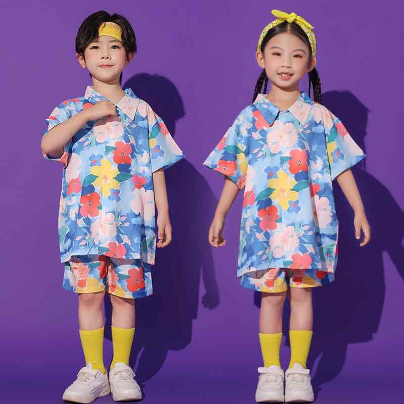 キッズ コスチューム 小学生 幼稚園児 男女兼用 運動会 発表会 合唱 卒業写真 チアガール ダンス イベント 衣装 コットン製 動きやすい 肌に優しい 韓国風 セットアップ ブルー