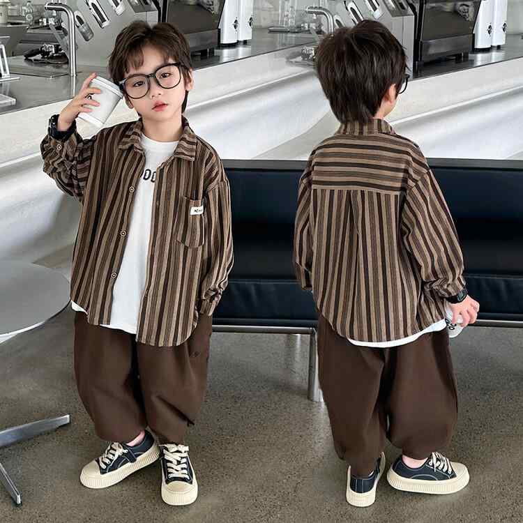 セットアップ 男の子 キッズ ストライプ柄 長袖シャツ 長ズボン 綿素材 肌触り良い カジュアルウェア おしゃれ 春秋 普段使い 上下2点セット