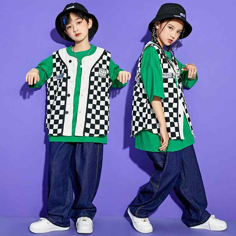キッズ ダンス衣装 男の子 女の子 男女兼用 ヒップホップ ストリートダンス 衣装 セットアップ ゆったり ルーズ おしゃれ かっこいい チェック柄 ベスト ジレ 発表会 ステージ パフォーマンス レッスン 練習着 綿