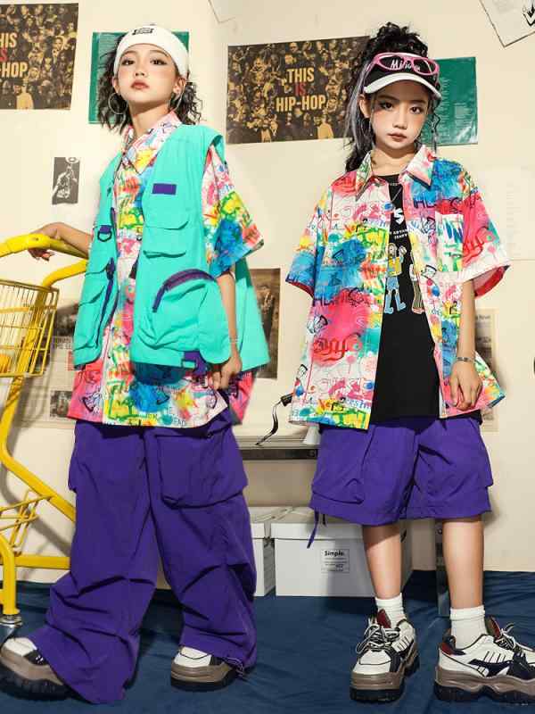 キッズ ダンスウェア 男の子 女の子 ストリート ヒップホップ ジャズダンス 衣装 おしゃれ プリント半袖シャツ セットアップ 上下セット 綿素材 発表会 ステージ パフォーマンス 練習着 子供服