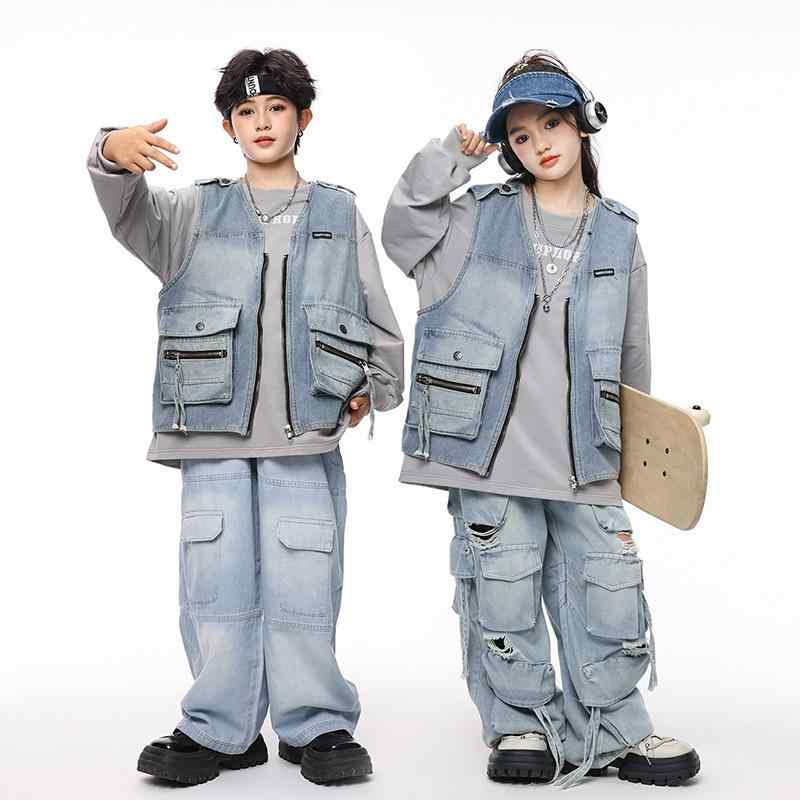 キッズ ダンス衣装 男の子 女の子 ヒップホップ ストリートダンス デニム ベスト ジレ セットアップ 上下セット レトロ ヴィンテージ ゆったり ルーズ 発表会 ステージ 練習着