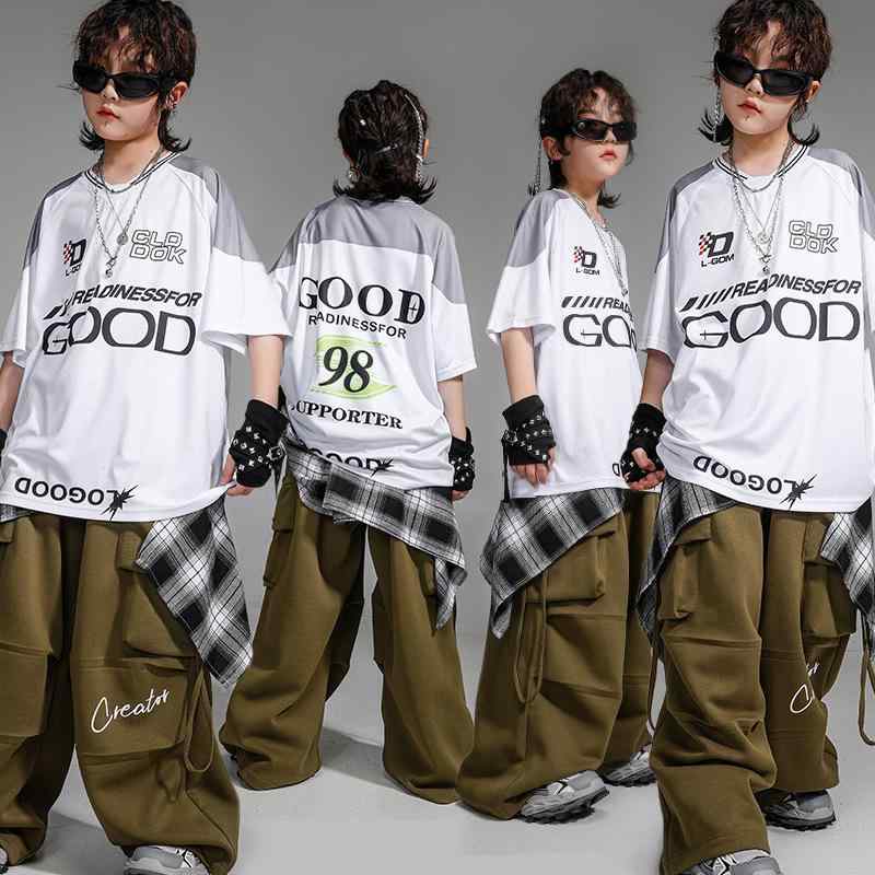 キッズ ダンス衣装 男の子 女の子 ヒップホップ ストリート系 半袖 セットアップ カーゴパンツ 上下セット 伸縮性 スポーツ 発表会 練習着 普段使い ホワイト ミリタリーグリーン