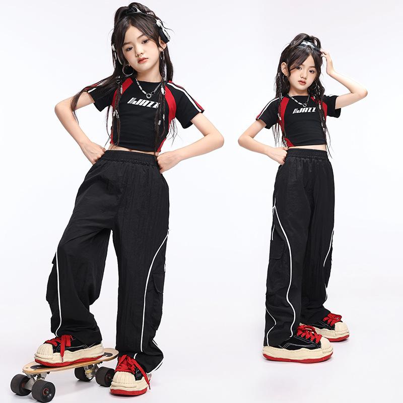 ダンス衣装 女の子 キッズ ジャズ ヒップホップ ストリート系 発表会 イベント ステージ パフォーマンス セットアップ 春夏 ポリエステル カジュアル おしゃれ 黒 赤