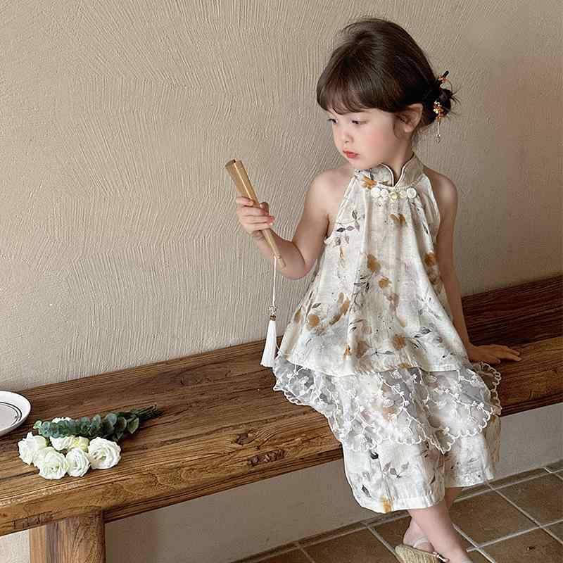 セットアップ 女の子 キッズ 春夏 中華風 キャミソール パンツ 上下セット おしゃれ かわいい 薄手 涼しい 綿混紡 ベージュ アイボリー 普段使い お出かけ