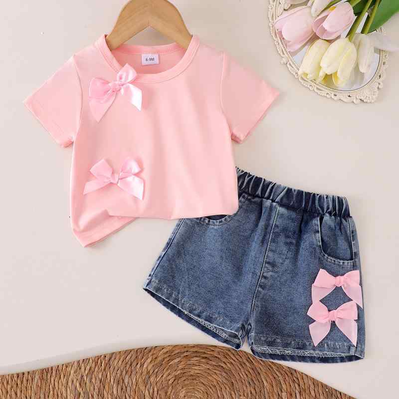 セットアップ 上下セット ベビー 女の子 春夏 柔らか 綿 コットン 半袖Tシャツ トップス デニムショートパンツ 短パン 蝶結び リボン ピンク 薄手