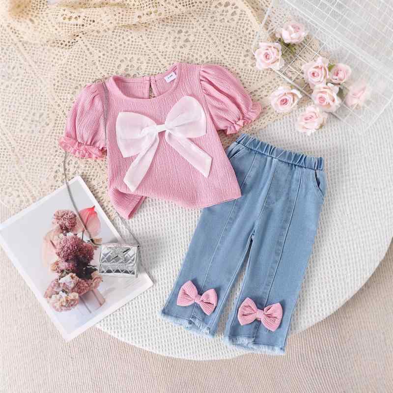 セットアップ 女の子 ベビーキッズ 幼児服 欧米風 半袖トップス デニムパンツ ロングパンツ リボン 薄手 綿 コットン 2点セット 春夏 ピンク 普段使い お出かけ カジュアル