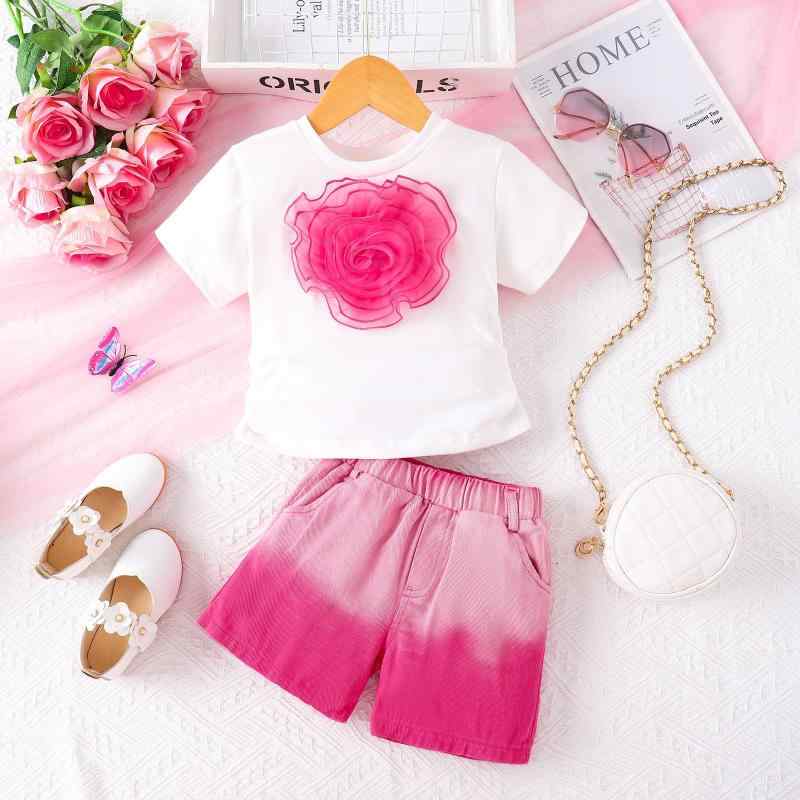 セットアップ 女の子 子供服 ガールズ 欧米スタイル 立体 メッシュ 花柄 半袖トップス グラデーション デニム ショートパンツ ハーフパンツ 綿 薄手 ピンク 春夏 2点セット 普段使い カジュアル お出かけ