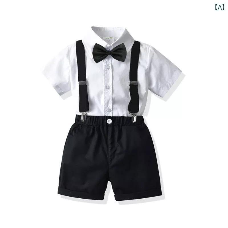 キッズ 男の子 学院風 セットアップ フォーマル スーツ 半袖 シャツ ショートパンツ サスペンダー 蝶ネクタイ 発表会 結婚式 入学式 卒業式 綿 肌触り柔らか ブラック 春夏 子供服 男児