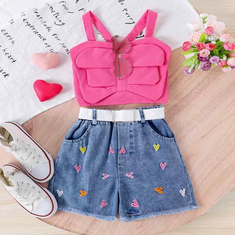 ガールズ セットアップ 子供服 女の子 春夏 欧米風 リボン キャミソールトップス ノースリーブ デニムショートパンツ 綿 コットン 薄手 2点セット おしゃれ カジュアル 普段使い